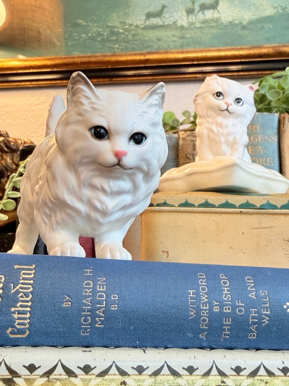 Vintage White Ceramic Kitten on Pillow Figurine with Mama Cat